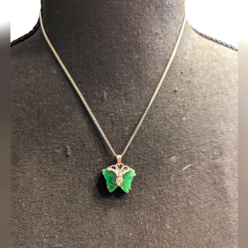 Vintage Style Jadelike Butterfly Necklace 18kt GP